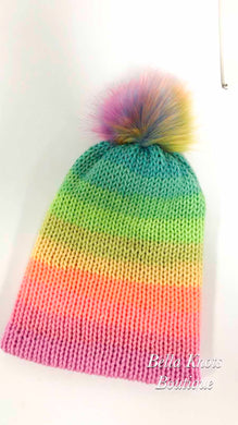 Lisa Frank Inspired Knitted Rainbow Beanie with pompom