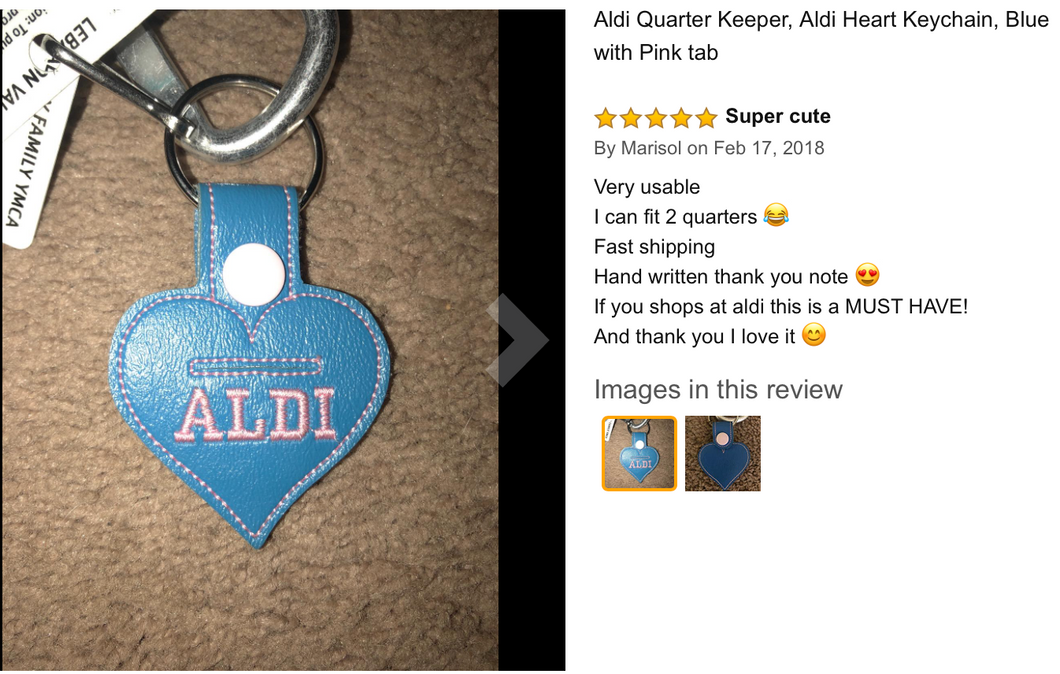 Aldi Quarter Holder Heart Keychain, Blue with PinkThread – Bella