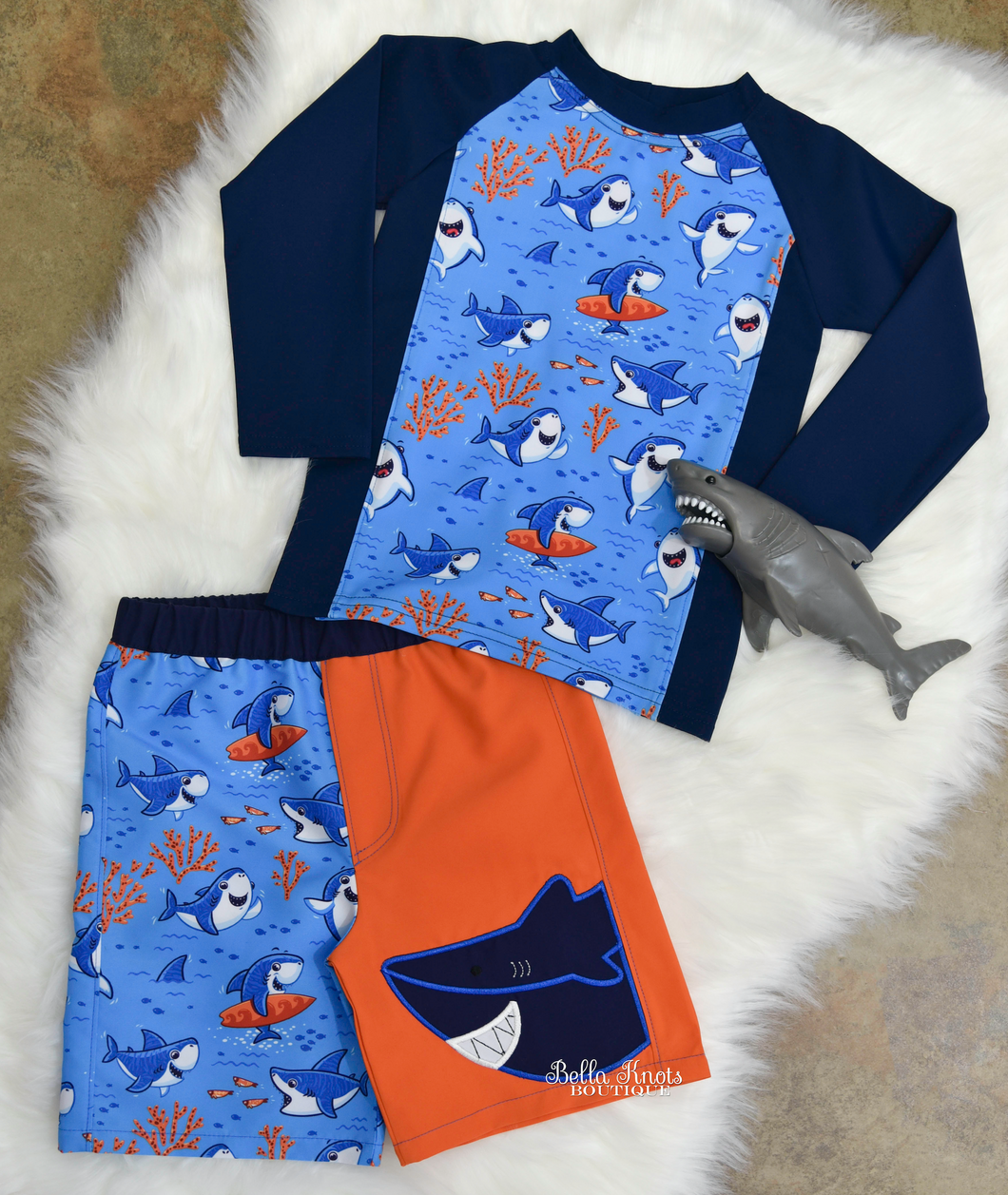 Long Sleeve Shark Rashguard with Embroidered BoardShorts