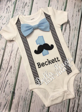 First Birthday Boy Outfit, Personalized with Bow Tie  and Faux Suspenders