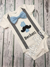 First Birthday Boy Outfit, Personalized with Bow Tie  and Faux Suspenders